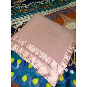 Vintage Waffle Weave Blanket King Queen Pink 4 Sided Satin Trim Soft Made in USA